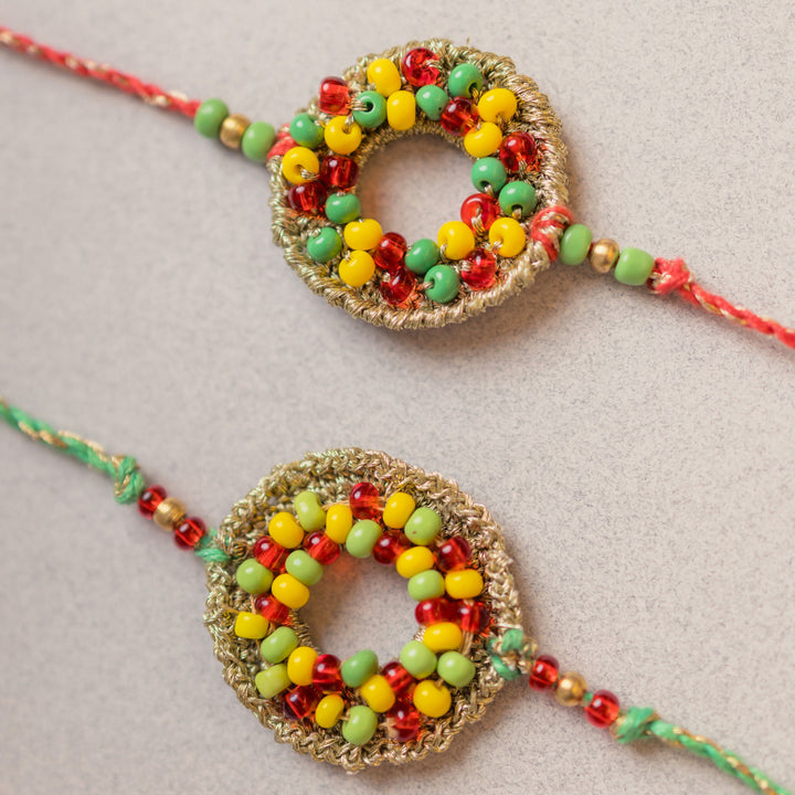 Intricate Beaded Crochet Rainbow Threads Rakhi With Roli Chawal | Set of 2