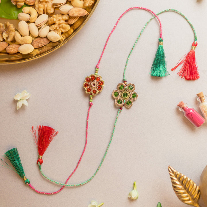 Intricate Beaded Crochet Jewelled Flowers Rakhi With Roli Chawal | Set of 2
