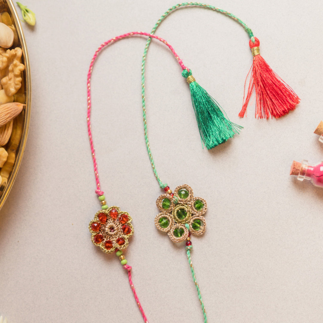 Intricate Beaded Crochet Jewelled Flowers Rakhi With Roli Chawal | Set of 2
