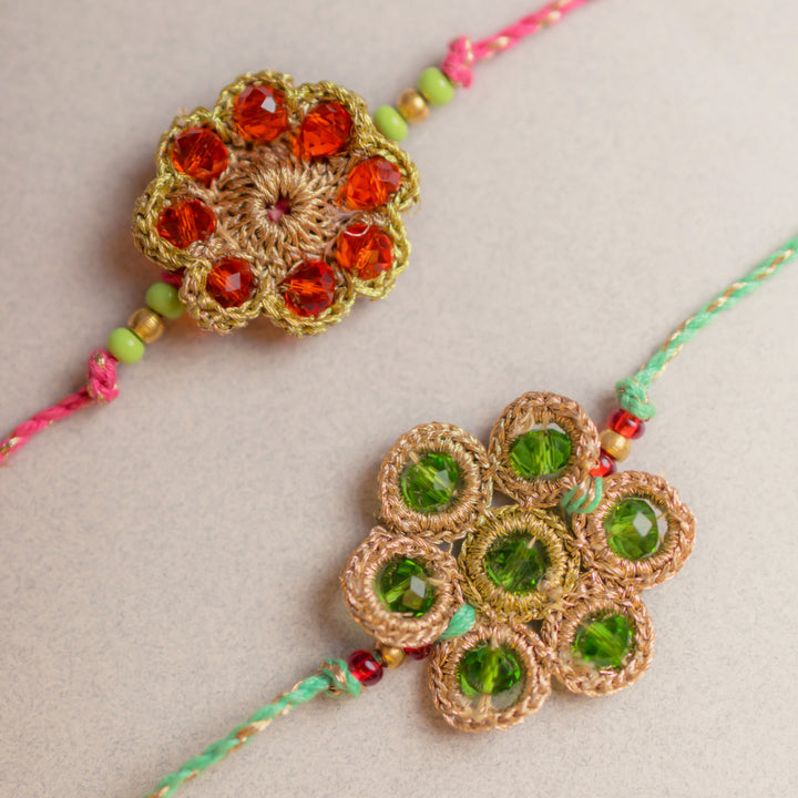Intricate Beaded Crochet Jewelled Flowers Rakhi With Roli Chawal | Set of 2