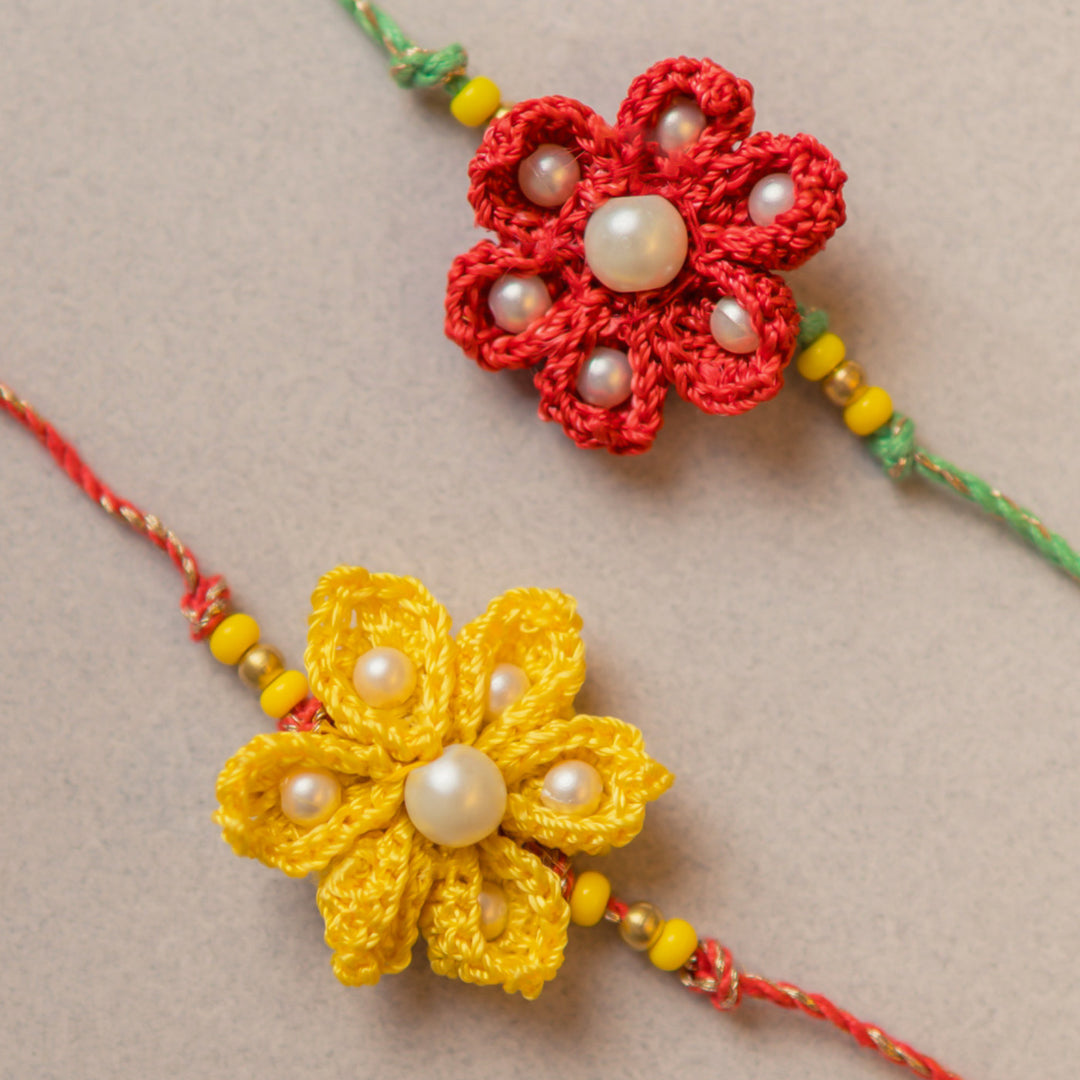 Intricate Beaded Crochet Red and Yellow Rakhi With Roli Chawal | Set of 2