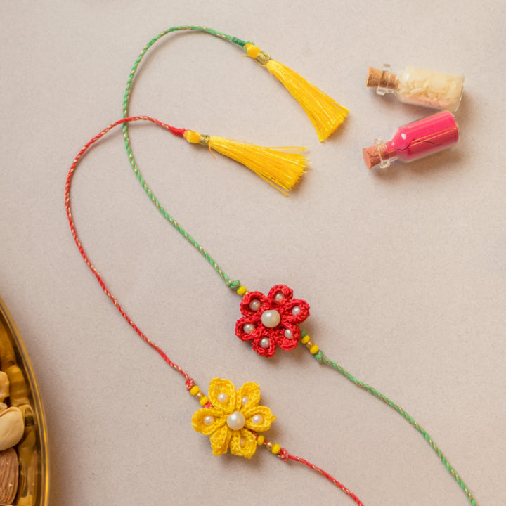 Intricate Beaded Crochet Red and Yellow Rakhi With Roli Chawal | Set of 2