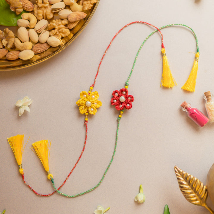 Intricate Beaded Crochet Red and Yellow Rakhi With Roli Chawal | Set of 2