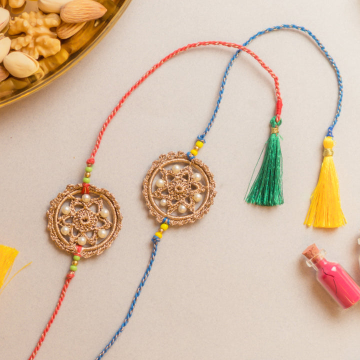 Intricate Beaded Crochet Twilight Weave Rakhi With Roli Chawal | Set of 2