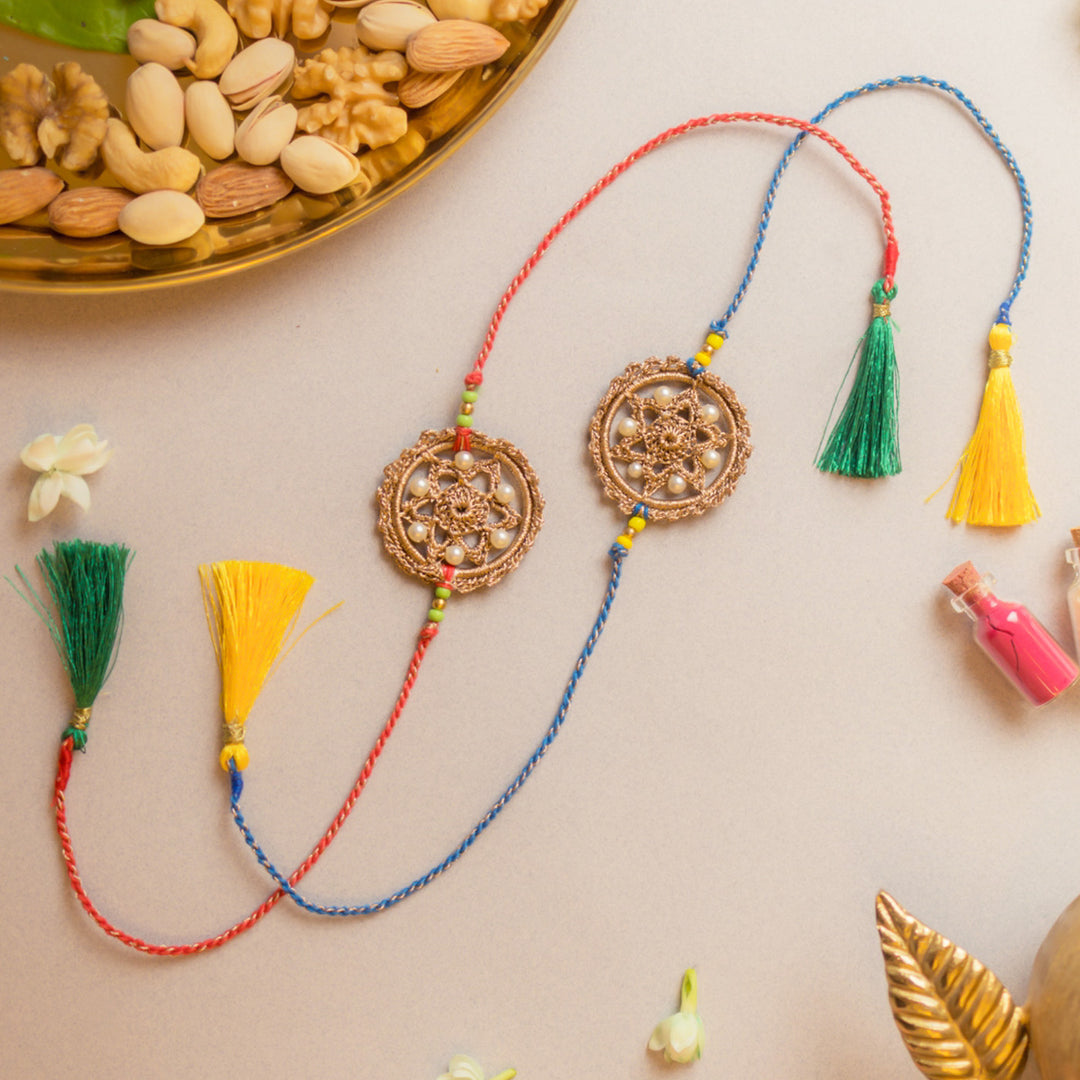 Intricate Beaded Crochet Twilight Weave Rakhi With Roli Chawal | Set of 2