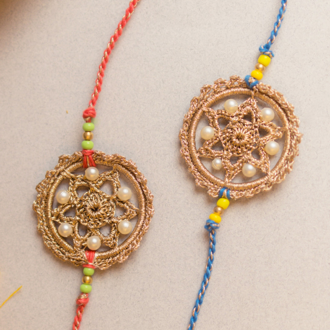 Intricate Beaded Crochet Twilight Weave Rakhi With Roli Chawal | Set of 2