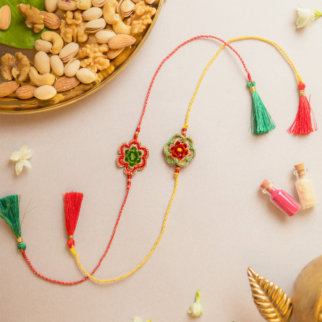 Intricate Beaded Crochet Red & Green Gem Rakhi With Roli Chawal | Set of 2