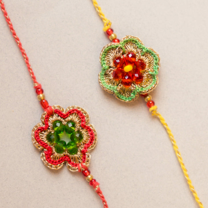 Intricate Beaded Crochet Red & Green Gem Rakhi With Roli Chawal | Set of 2