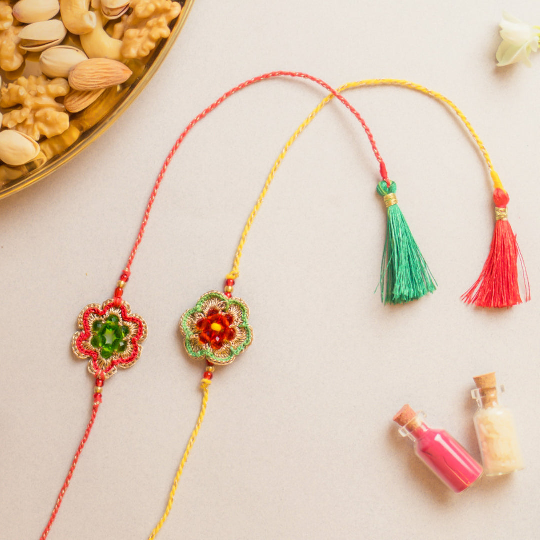 Intricate Beaded Crochet Red & Green Gem Rakhi With Roli Chawal | Set of 2