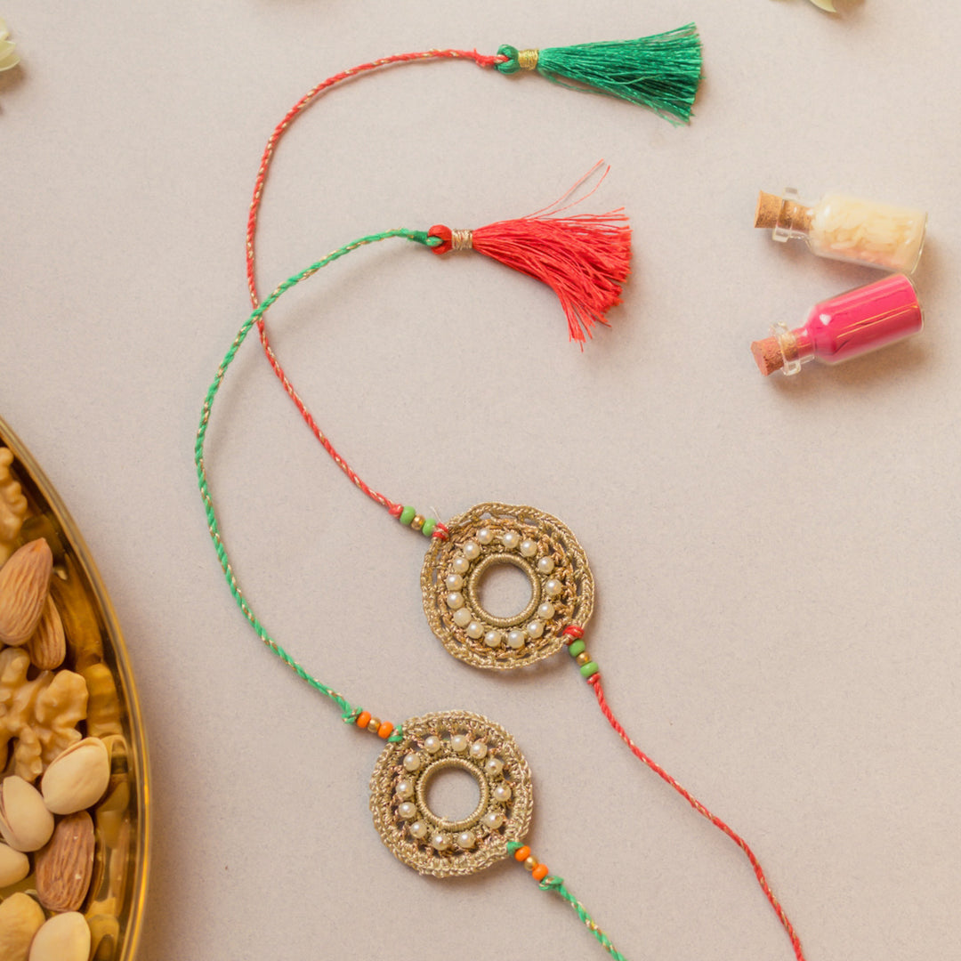 Intricate Beaded Crochet Moon Ring Rakhi With Roli Chawal | Set of 2
