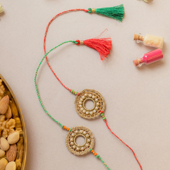 Intricate Beaded Crochet Moon Ring Rakhi With Roli Chawal | Set of 2