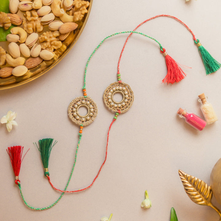 Intricate Beaded Crochet Moon Ring Rakhi With Roli Chawal | Set of 2
