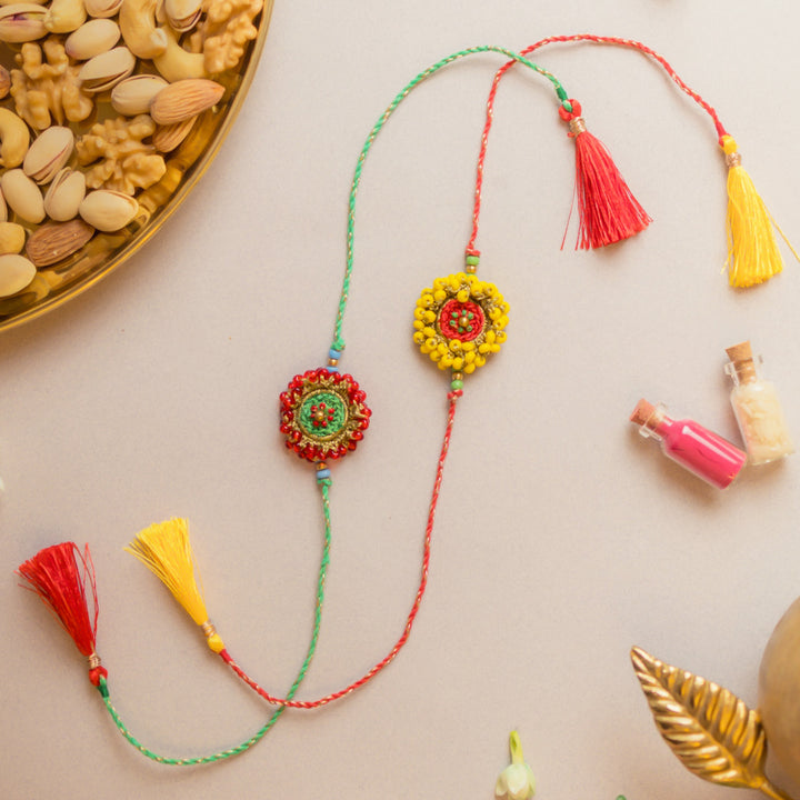 Intricate Beaded Crochet Glow Rakhi With Roli Chawal | Set of 2