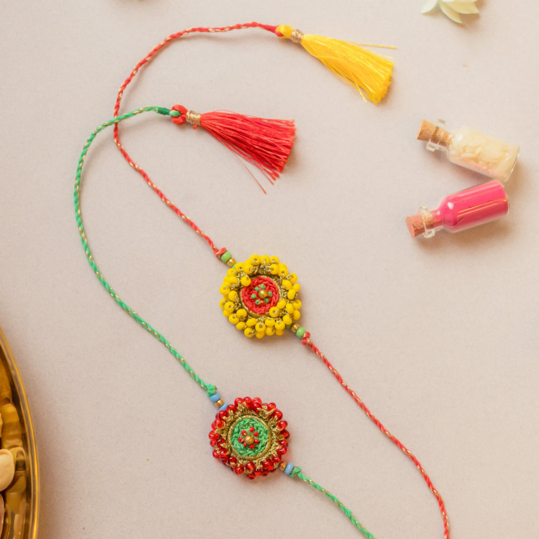 Intricate Beaded Crochet Glow Rakhi With Roli Chawal | Set of 2