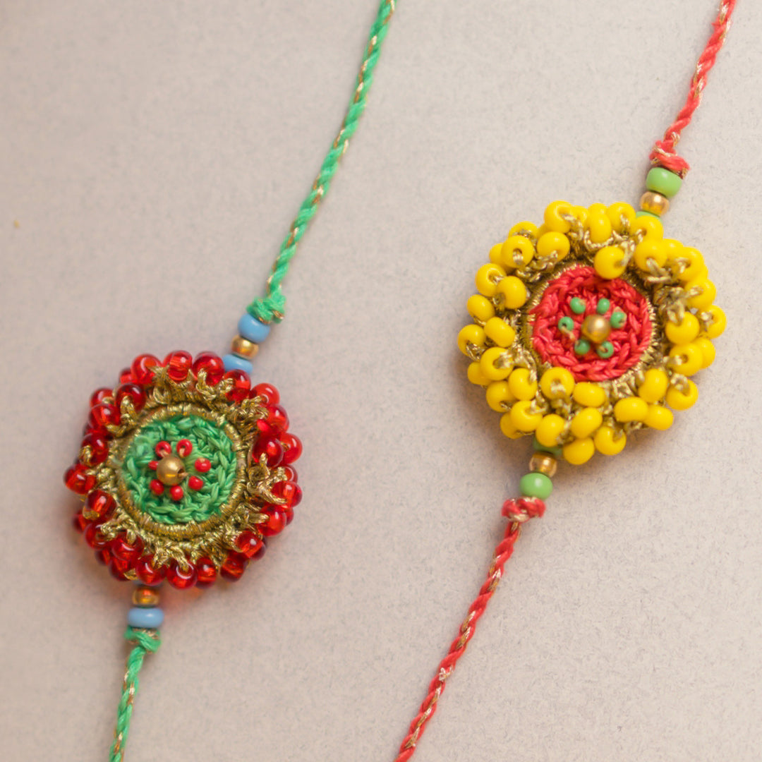 Intricate Beaded Crochet Glow Rakhi With Roli Chawal | Set of 2