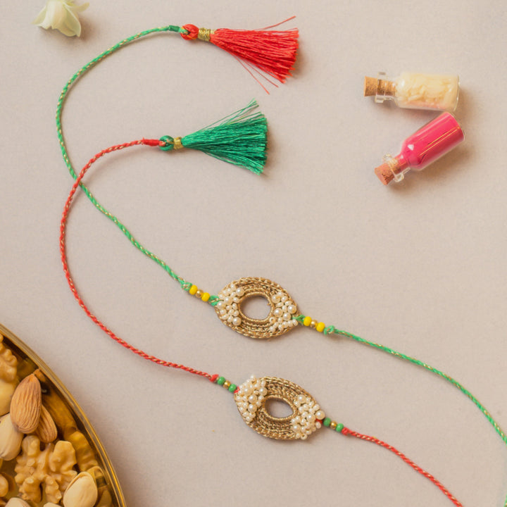 Intricate Beaded Crochet Moon and Shine Rakhi With Roli Chawal | Set of 2