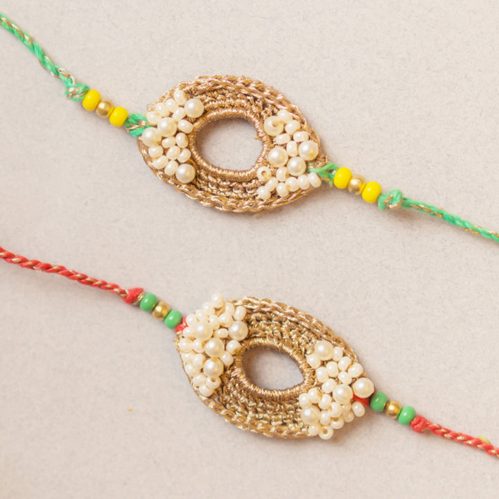 Intricate Beaded Crochet Moon and Shine Rakhi With Roli Chawal | Set of 2