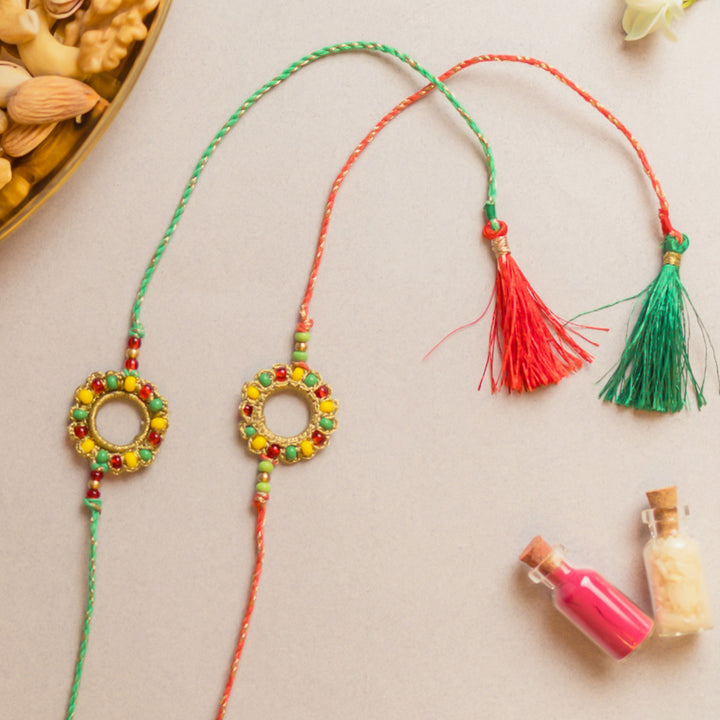 Intricate Beaded Crochet Rainbow Ring Rakhi With Roli Chawal | Set of 2