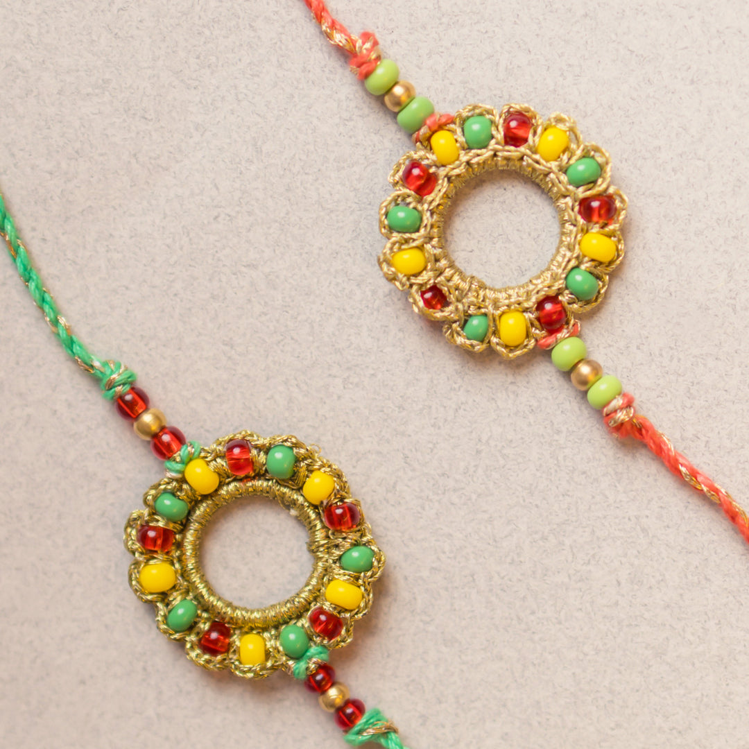Intricate Beaded Crochet Rainbow Ring Rakhi With Roli Chawal | Set of 2