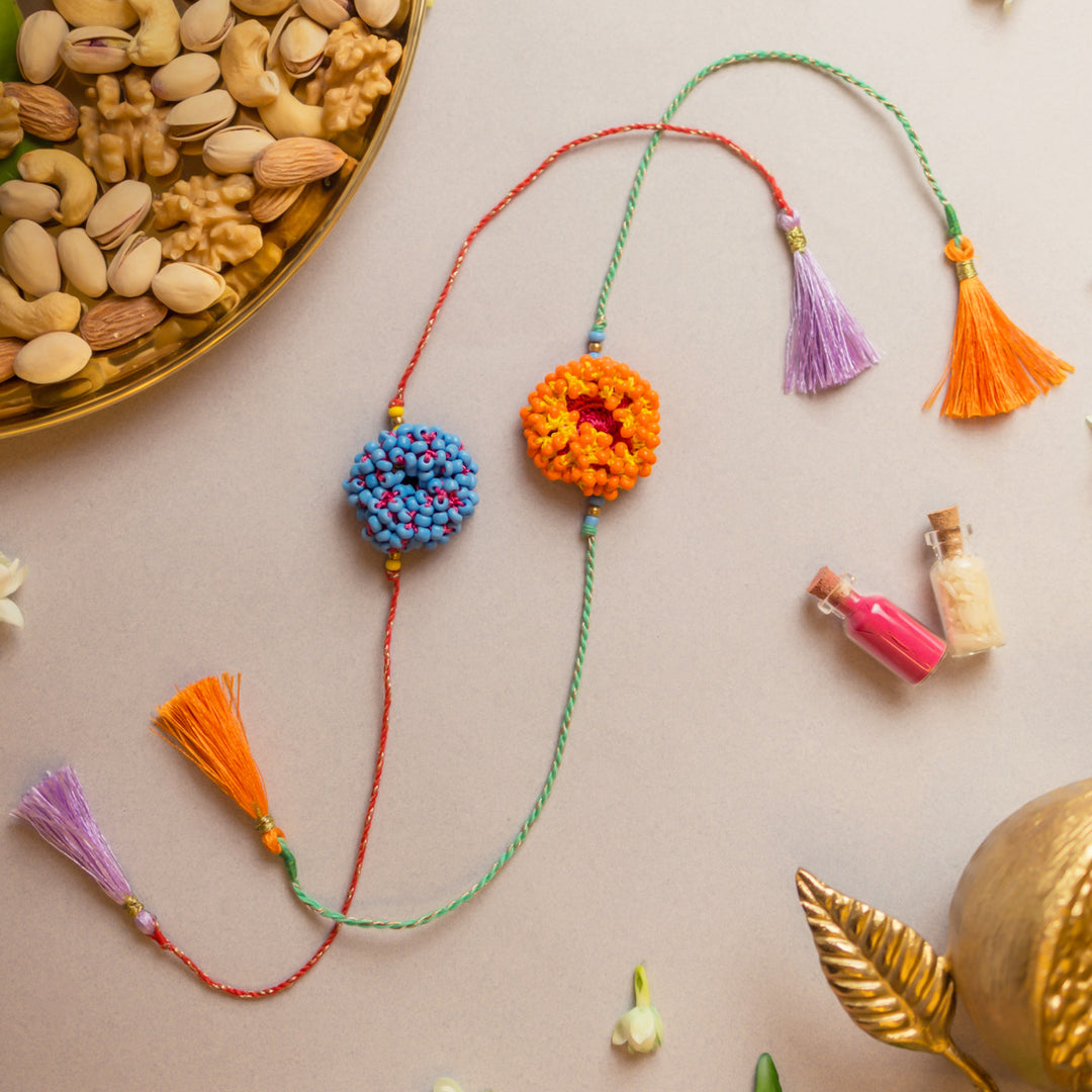 Intricate Crochet Coral Bead Rakhi With Roli Chawal | Set of 2