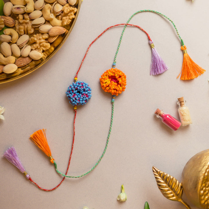 Intricate Crochet Coral Bead Rakhi With Roli Chawal | Set of 2