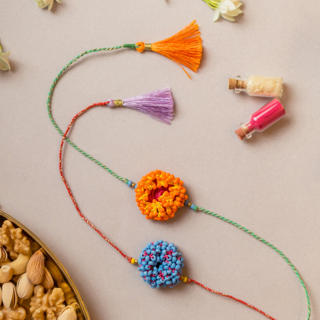 Intricate Crochet Coral Bead Rakhi With Roli Chawal | Set of 2
