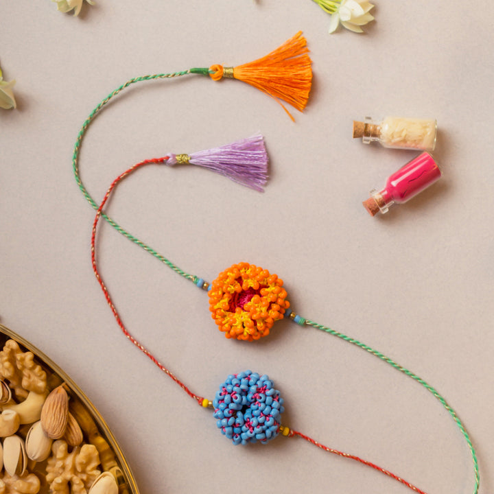 Intricate Crochet Coral Bead Rakhi With Roli Chawal | Set of 2
