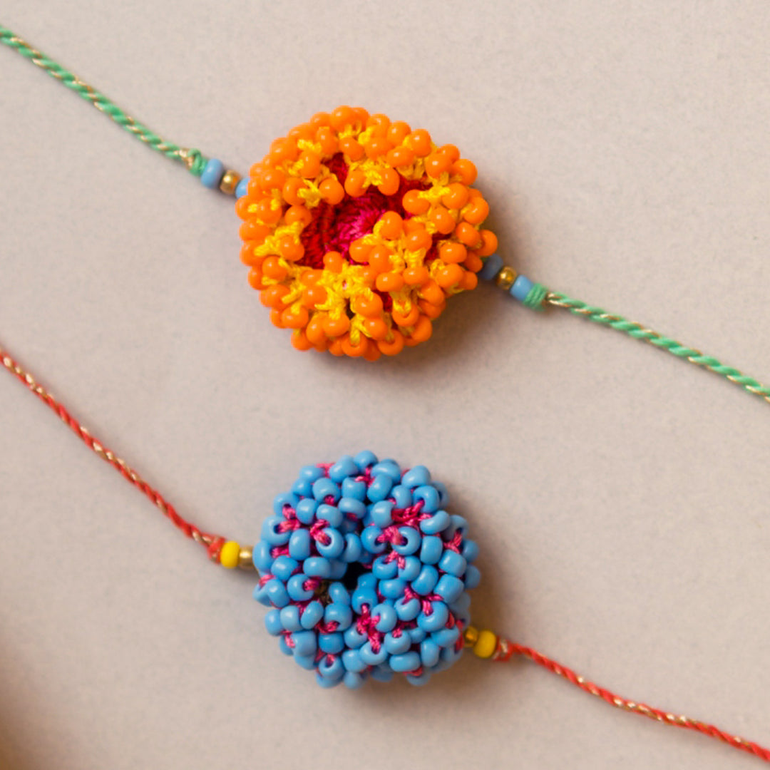 Intricate Crochet Coral Bead Rakhi With Roli Chawal | Set of 2