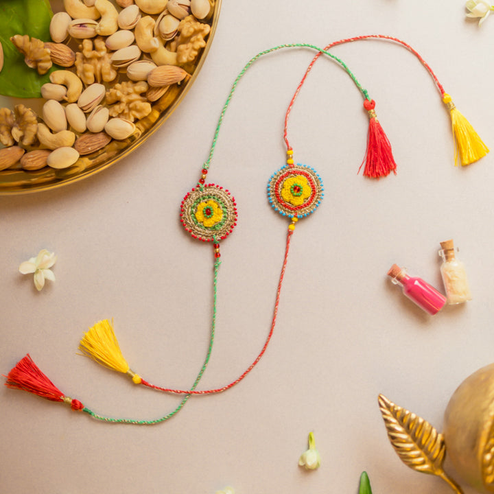 Intricate Beaded Crochet Sadabahaar Rakhi With Roli Chawal | Set of 2