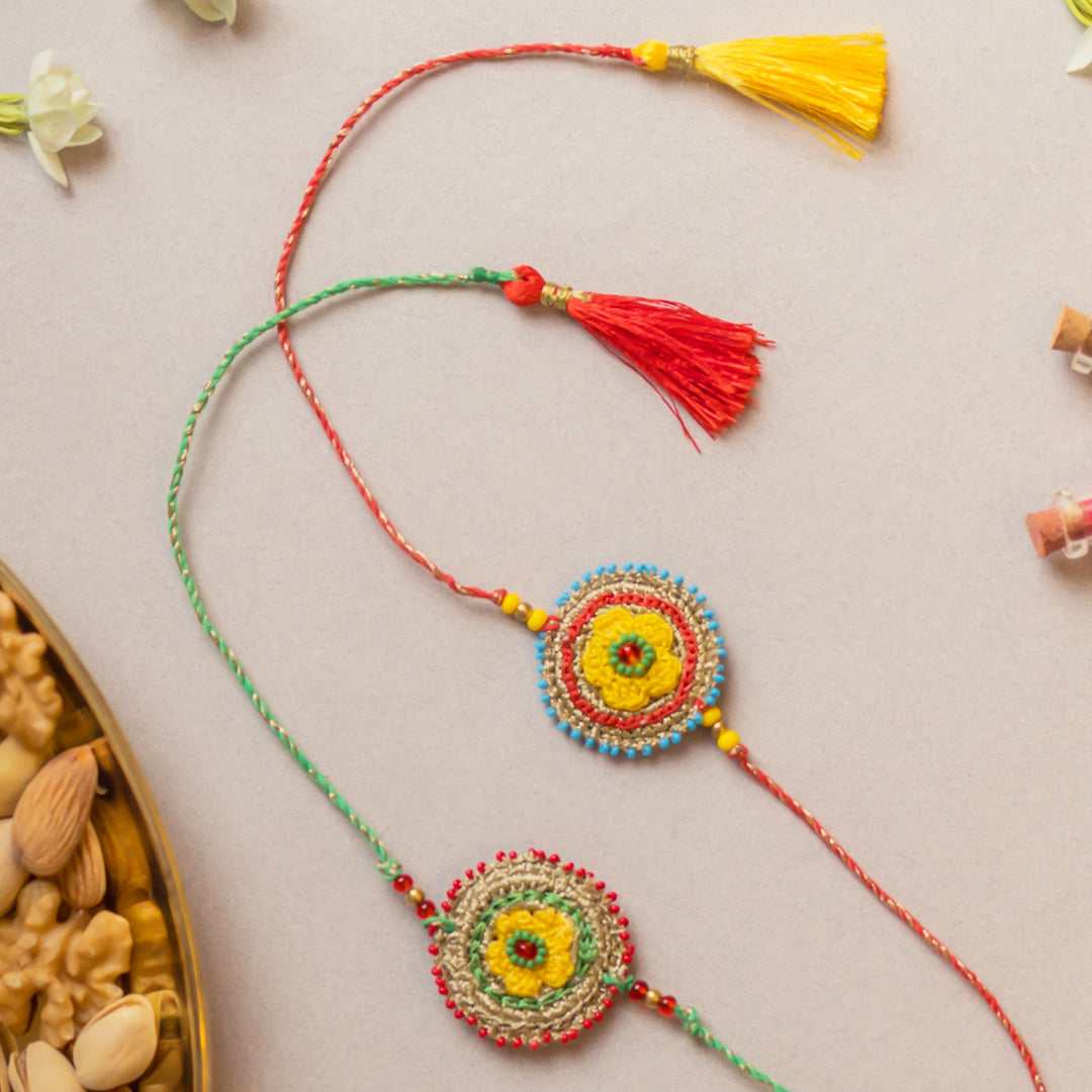 Intricate Beaded Crochet Sadabahaar Rakhi With Roli Chawal | Set of 2