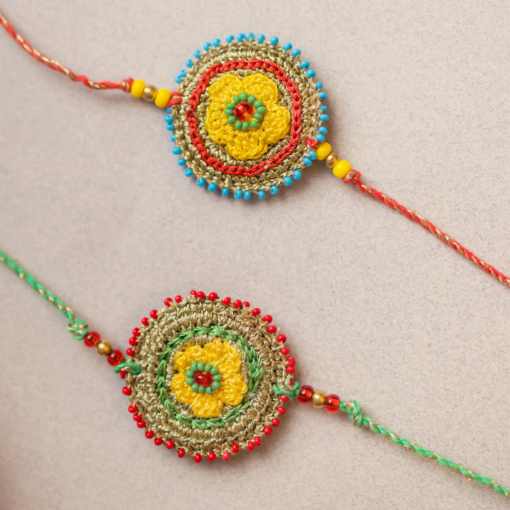 Intricate Beaded Crochet Sadabahaar Rakhi With Roli Chawal | Set of 2