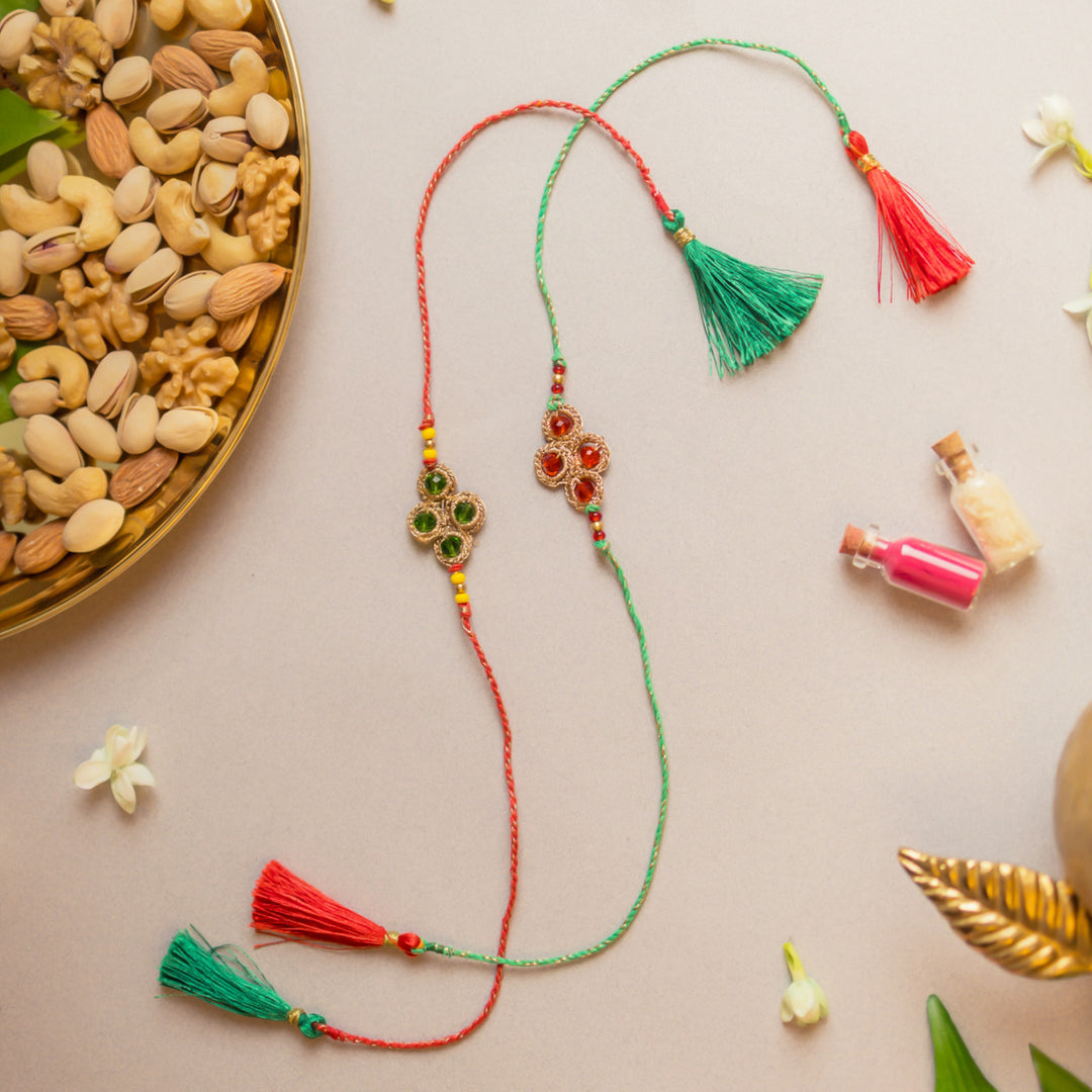 Intricate Beaded Crochet Jewelled Diamond Rakhi With Roli Chawal | Set of 2