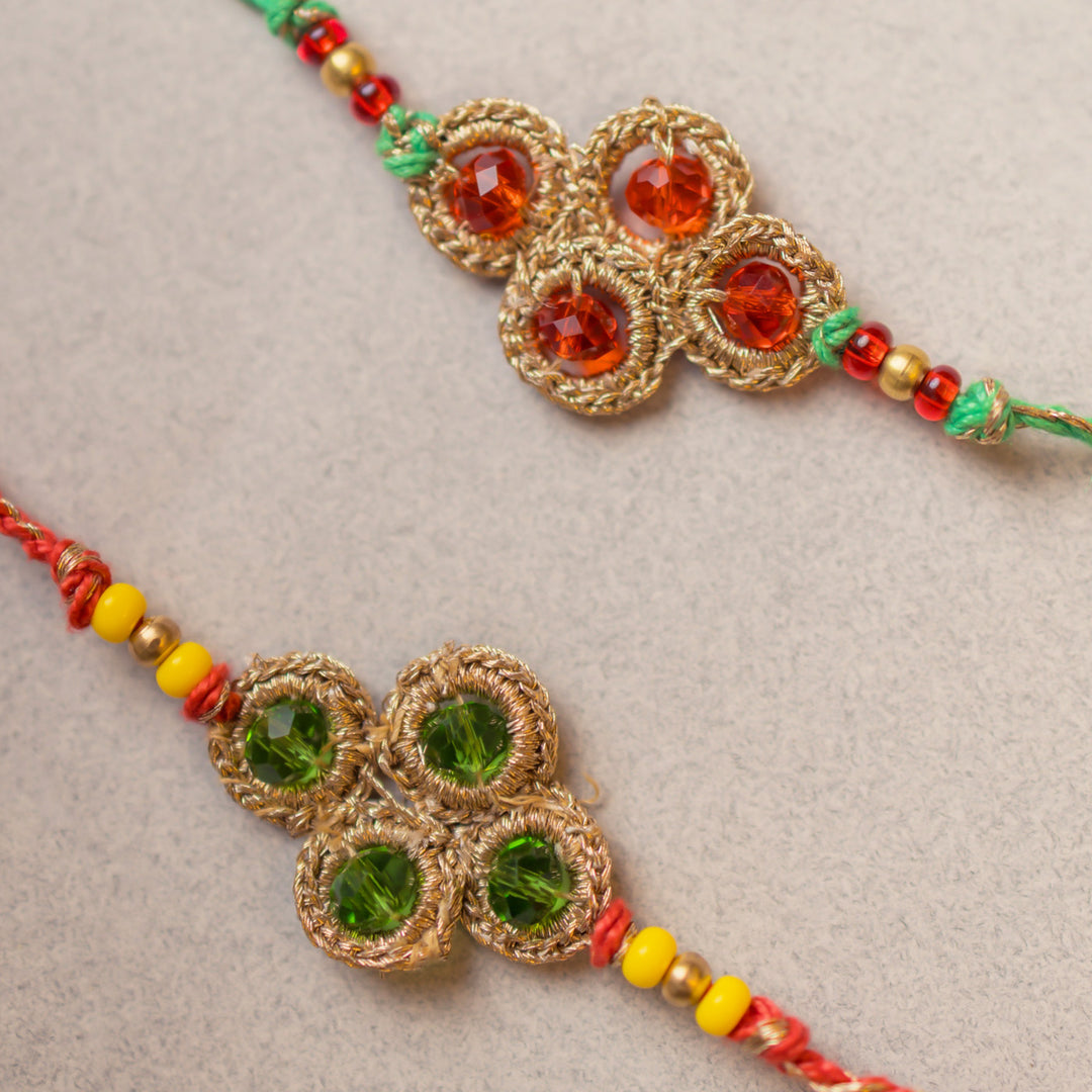 Intricate Beaded Crochet Jewelled Diamond Rakhi With Roli Chawal | Set of 2