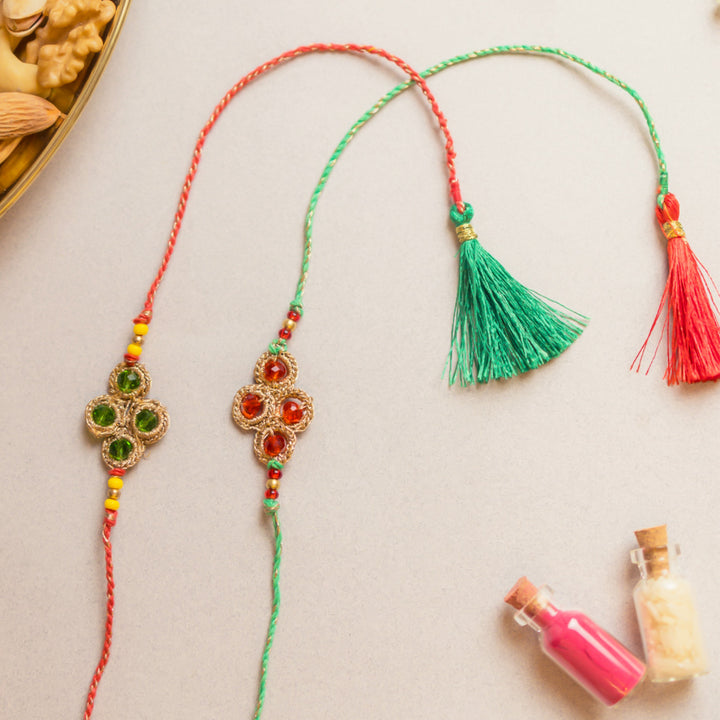Intricate Beaded Crochet Jewelled Diamond Rakhi With Roli Chawal | Set of 2