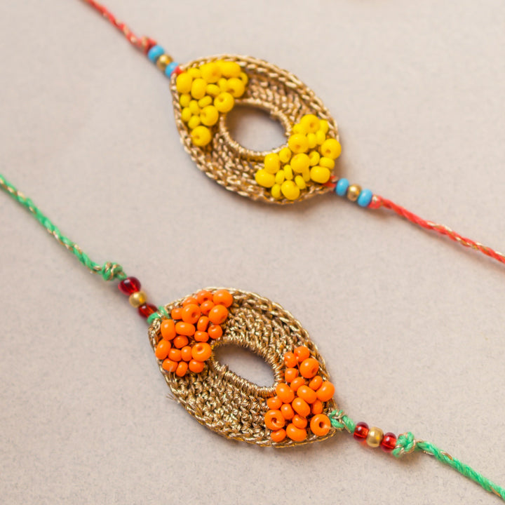 Intricate Beaded Crochet Sunshine Rakhi With Roli Chawal | Set of 2