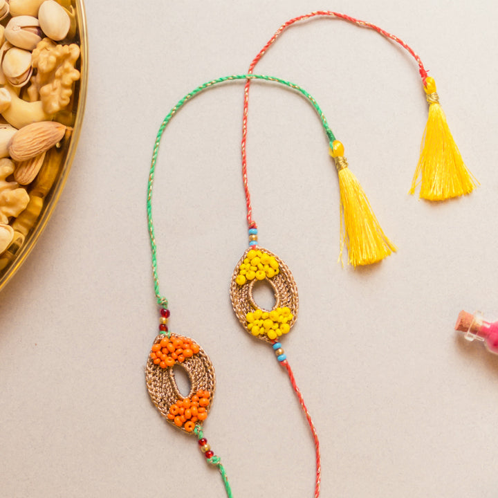 Intricate Beaded Crochet Sunshine Rakhi With Roli Chawal | Set of 2