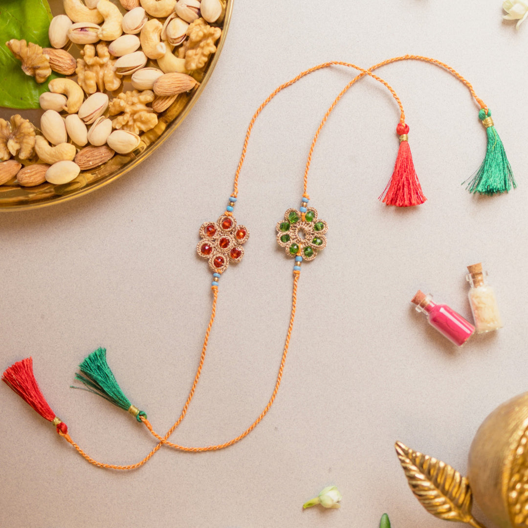 Intricate Beaded Crochet Chakra Jewelled Rakhi With Roli Chawal | Set of 2