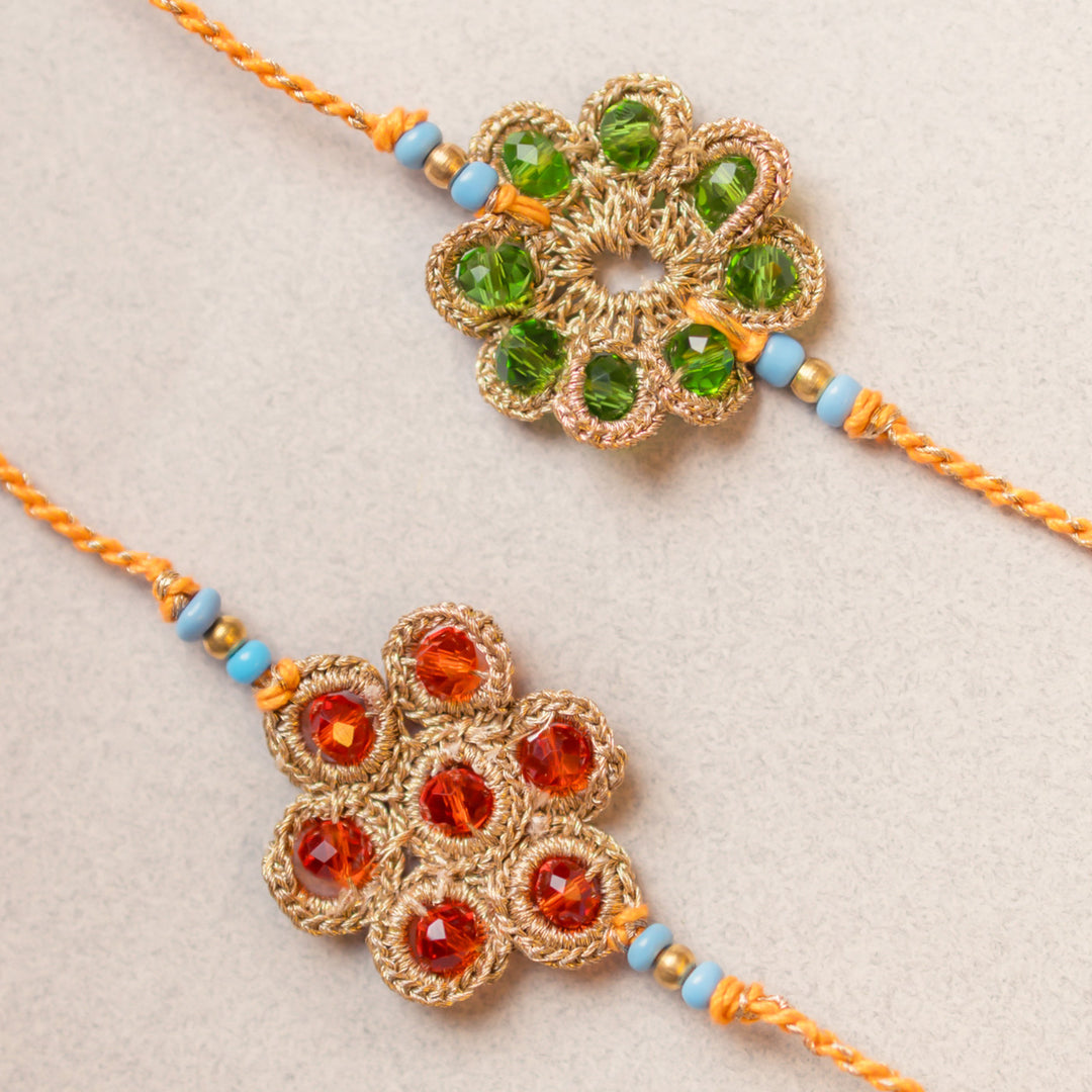Intricate Beaded Crochet Chakra Jewelled Rakhi With Roli Chawal | Set of 2