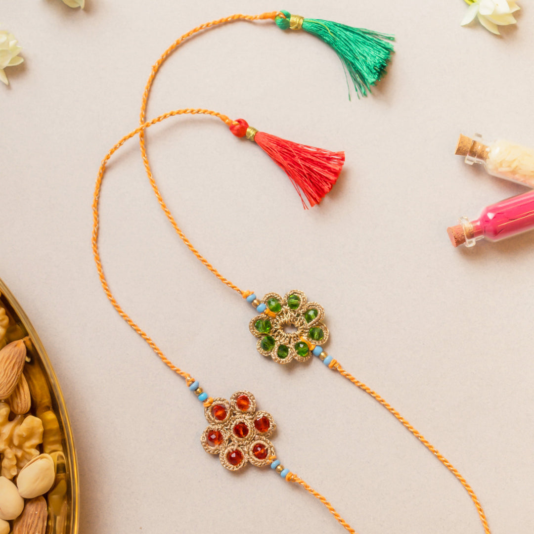 Intricate Beaded Crochet Chakra Jewelled Rakhi With Roli Chawal | Set of 2