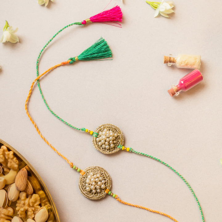 Intricate Beaded Crochet Pearl Knot Rakhi With Roli Chawal | Set of 2