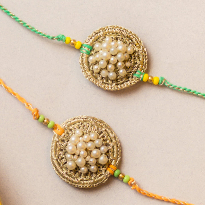 Intricate Beaded Crochet Pearl Knot Rakhi With Roli Chawal | Set of 2