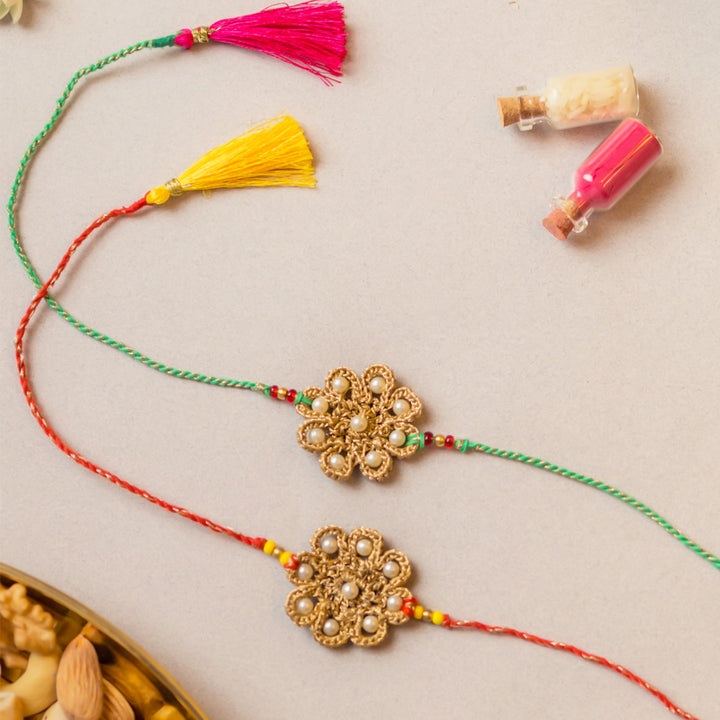Intricate Beaded Crochet Sunbeam Rakhi With Roli Chawal | Set of 2