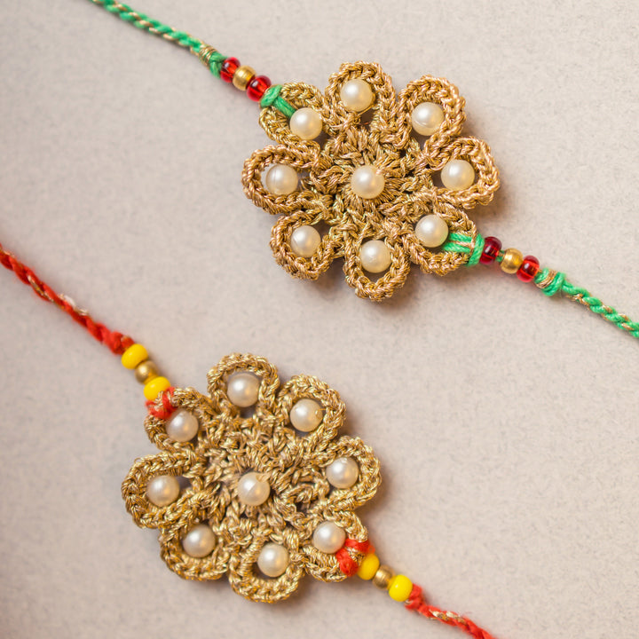 Intricate Beaded Crochet Sunbeam Rakhi With Roli Chawal | Set of 2