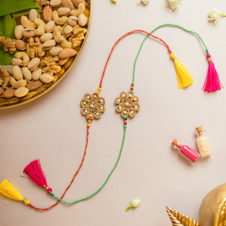 Intricate Beaded Crochet Sunbeam Rakhi With Roli Chawal | Set of 2