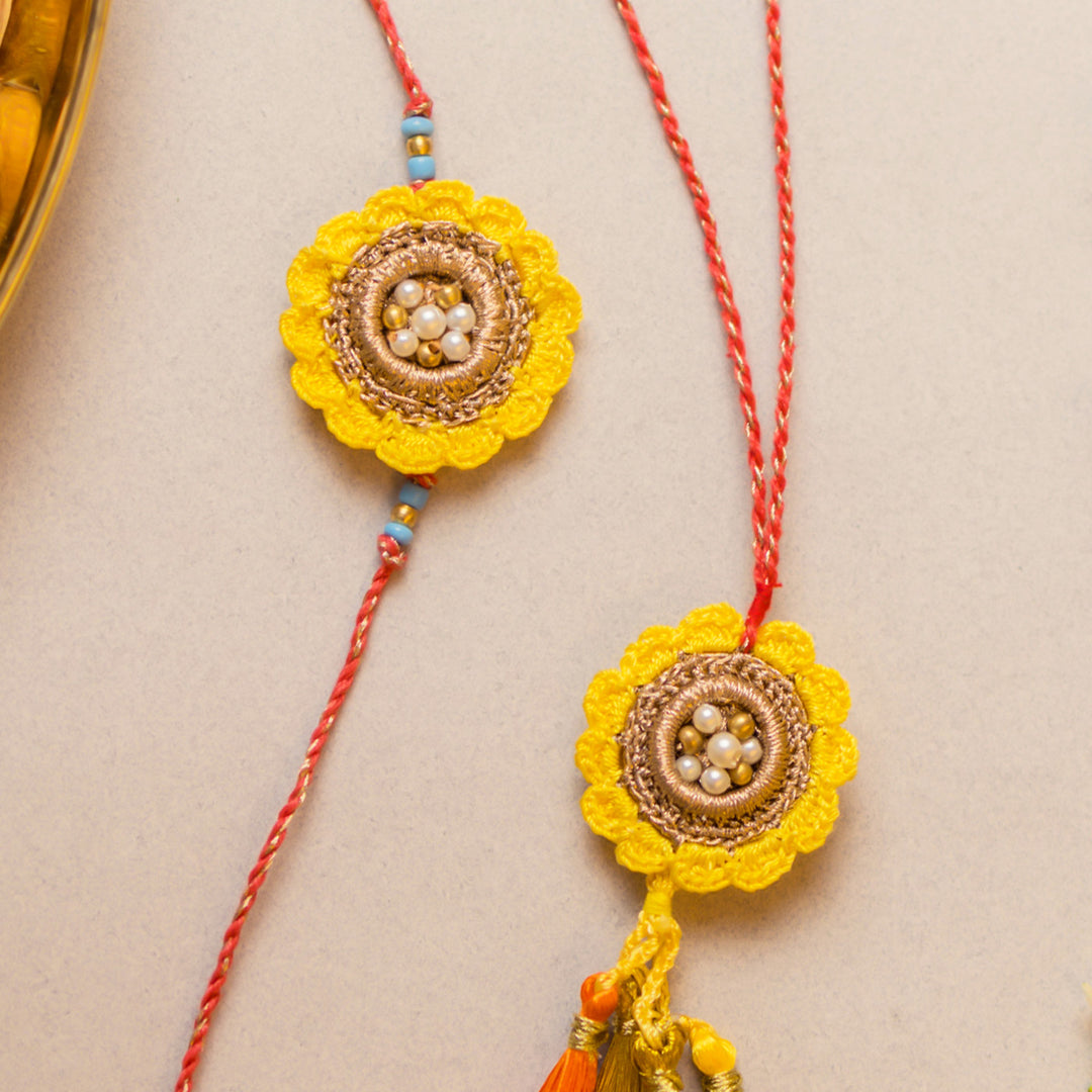 Intricate Crochet Marigold Bhaiya Bhabhi Rakhi-Lumba Set With Roli Chawal | Set of 2