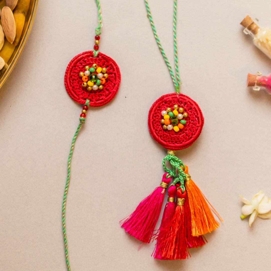Intricate Crochet Coral Reef Bhaiya Bhabhi Rakhi-Lumba Set With Roli Chawal | Set of 2