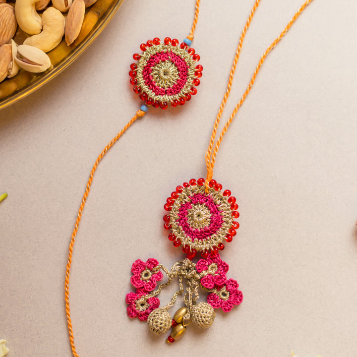 Intricate Crochet Pink Twilight Bhaiya Bhabhi Rakhi-Lumba Set With Roli Chawal | Set of 2