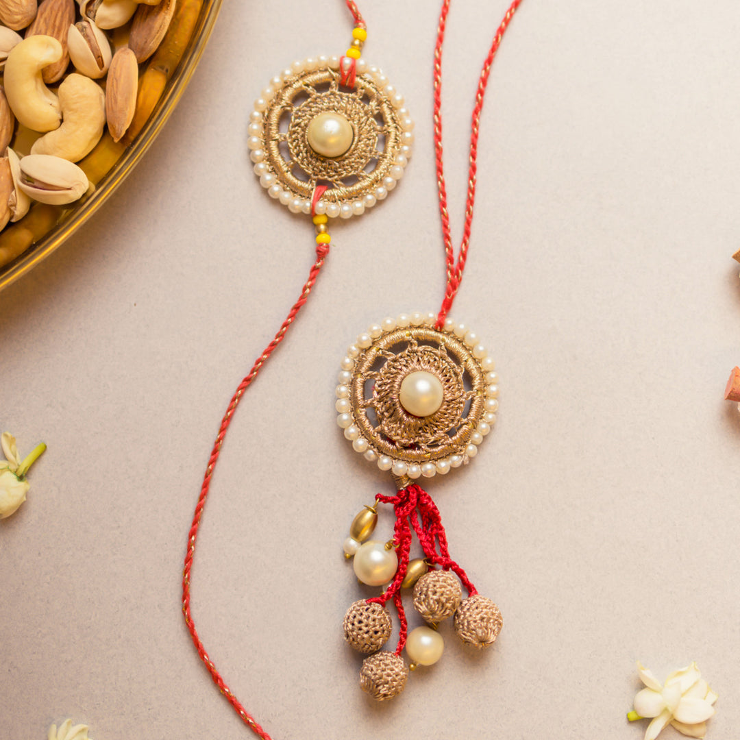 Intricate Crochet Antique Pearl Bhaiya Bhabhi Rakhi-Lumba Set With Roli Chawal | Set of 2