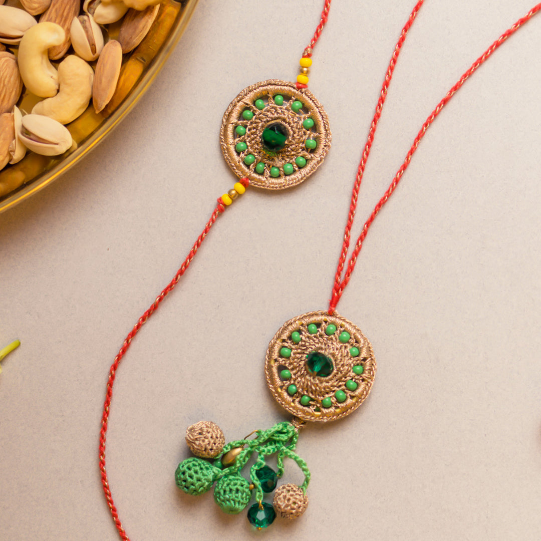 Intricate Crochet Green Jewel Bhaiya Bhabhi Rakhi-Lumba Set With Roli Chawal | Set of 2