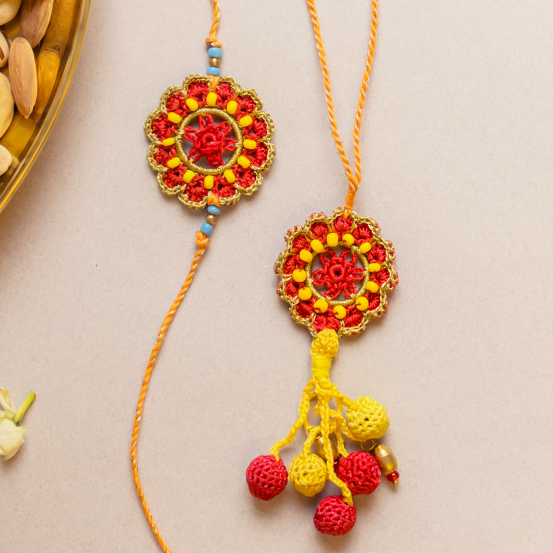 Intricate Crochet Red Mandala Bhaiya Bhabhi Rakhi-Lumba Set With Roli Chawal | Set of 2